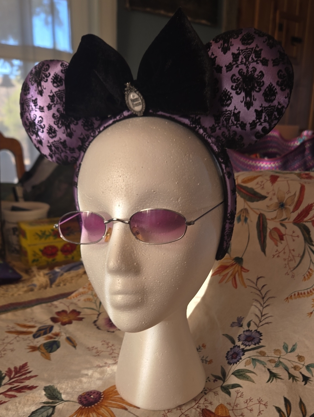 Disney Haunted Mansion Mouse Ears, Black Velvet, Purple satiny Wallpaper fabric